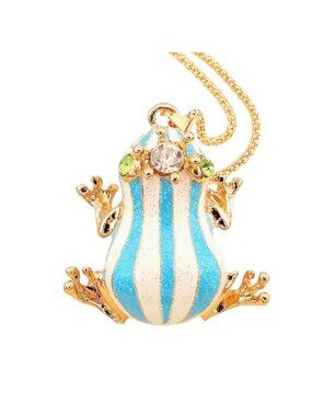 Betsey Johnson Blue & White Striped Enamel Frog Pendant Necklace Gold Tone with